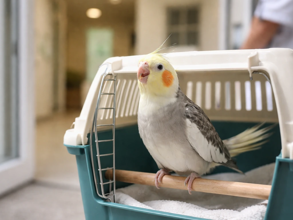 Pet bird at rest with open-mouth breathing and tail bobbing near a vet clinic entrance and carrier