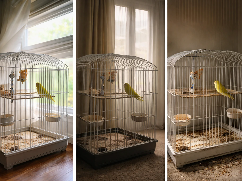 Three minimal bird-keeping vignettes: draft near a window, stagnant air in a room, and a dirty cage with soiled bedding.