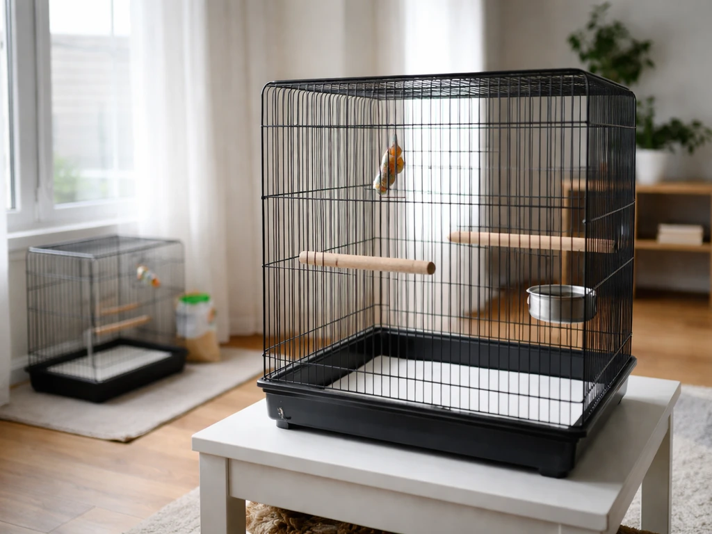 Clean birdcage placed away from window drafts, with a separate quarantine-ready cage in the background.