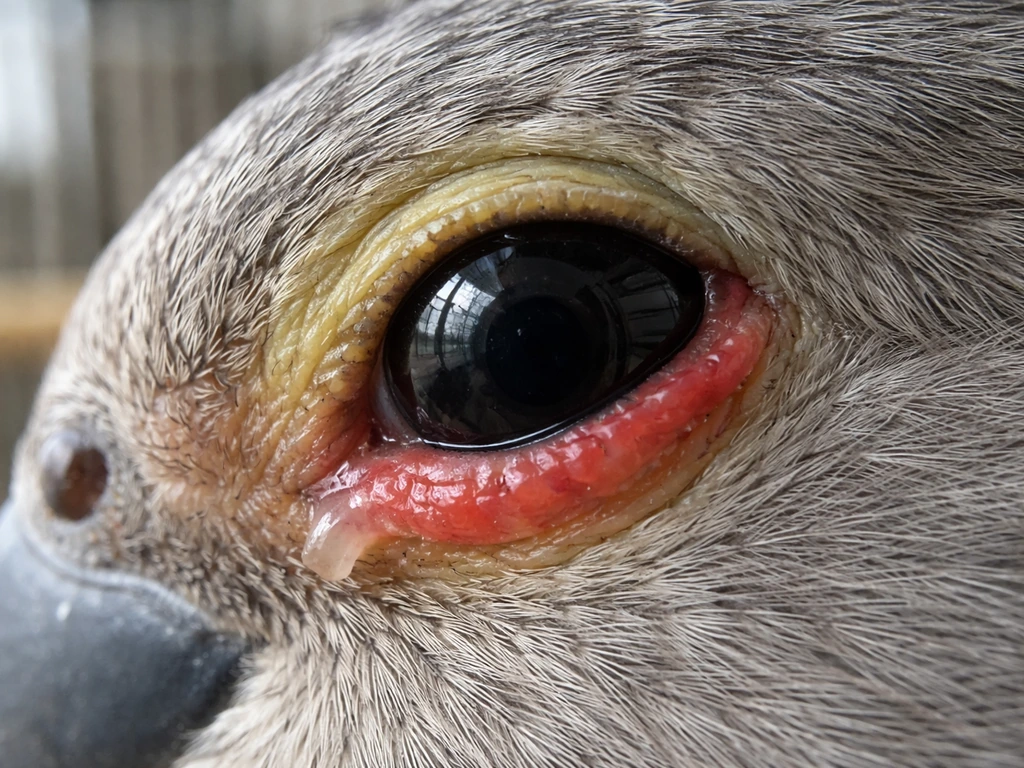 Close-up of a bird’s inflamed red conjunctiva around the eye with slight discharge.