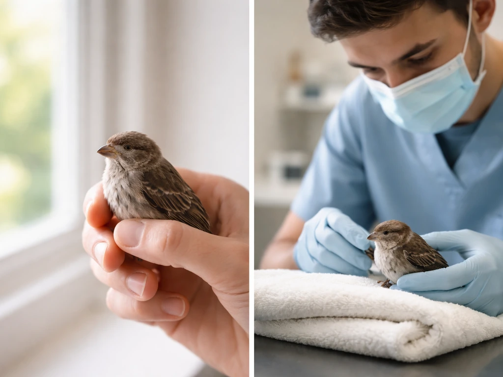Split photo showing calm bird contact vs a gloved vet examining a bird in a minimal room.