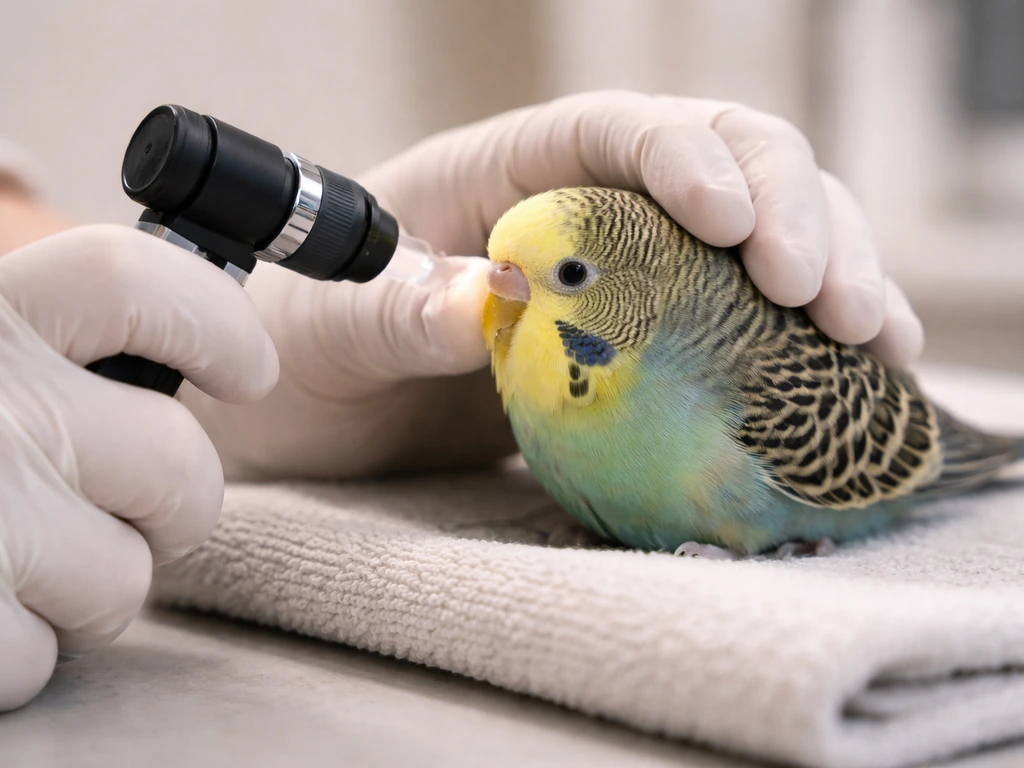 Avian vet gently inspecting a small bird’s eye in a quiet clinic exam room