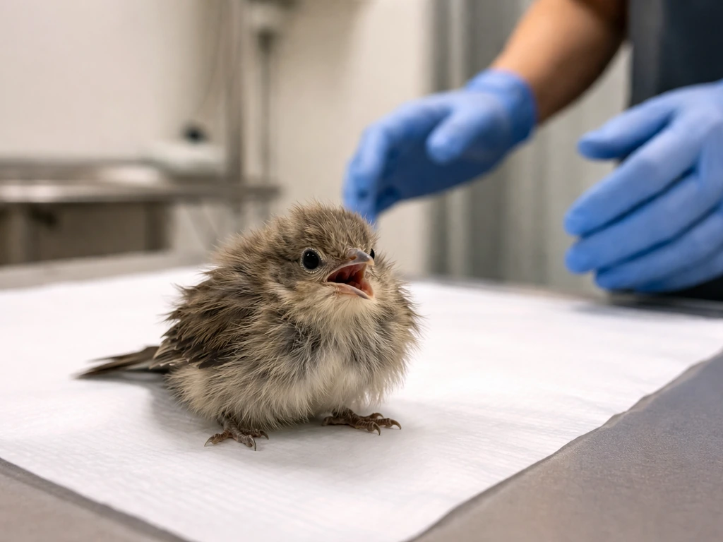 Agitated small bird with visible distress perched in a quiet veterinary triage room under gentle natural light.