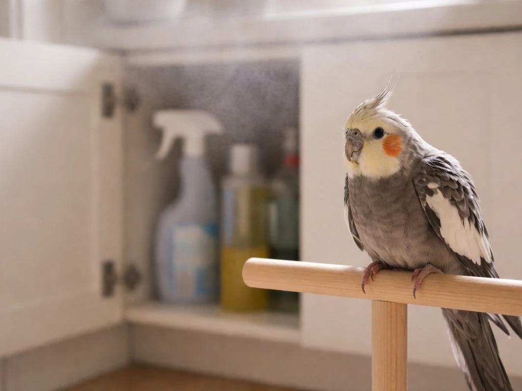Small pet bird perched near an open cleaning supply cabinet, alert posture in a dim kitchen-like setting.