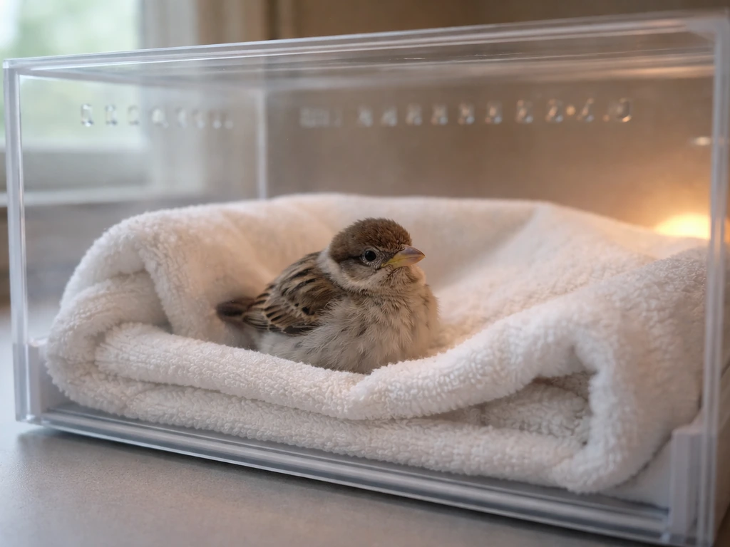 Rescued small bird resting in a warm, draft-free hospital box with soft towel bedding