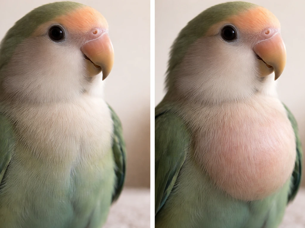 Close-up of a healthy bird crop versus an enlarged crop on a small parrot, clean and clear visual comparison
