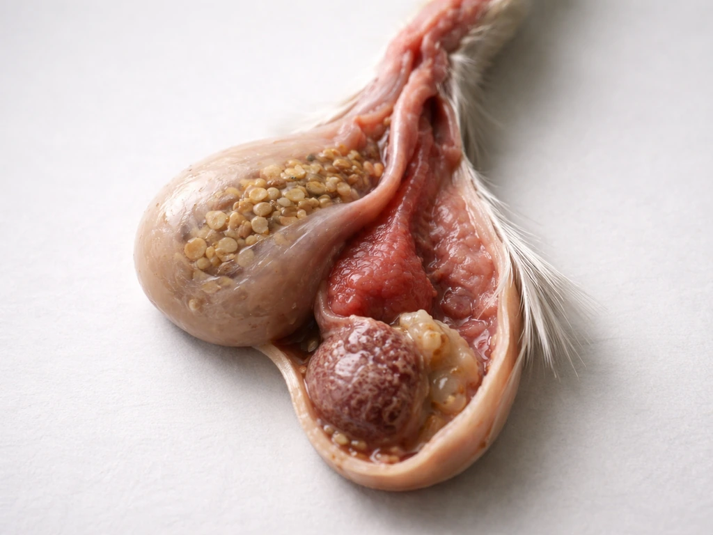 Close-up of an anatomically simplified, realistic bird digestive tract illustration-like photo showing crop to proventri