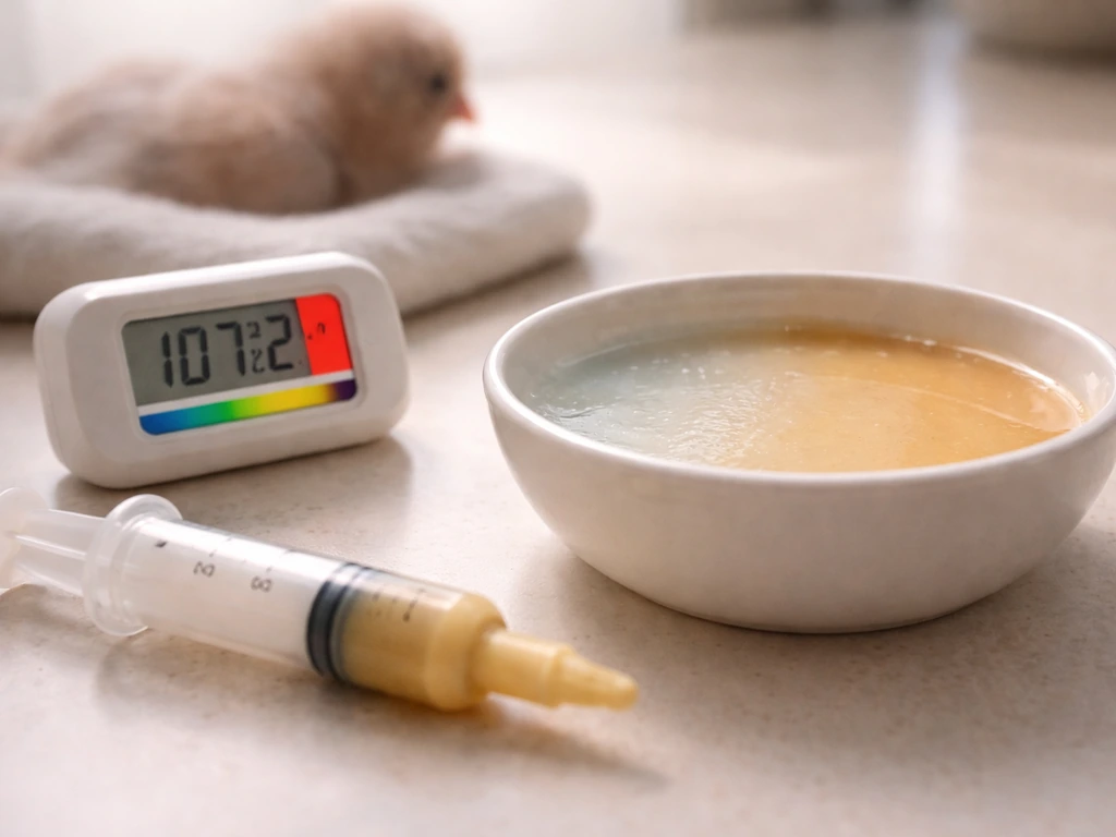 Close-up of hand-feeding setup with a thermometer showing unsafe formula temperature near a baby bird feeding tool.