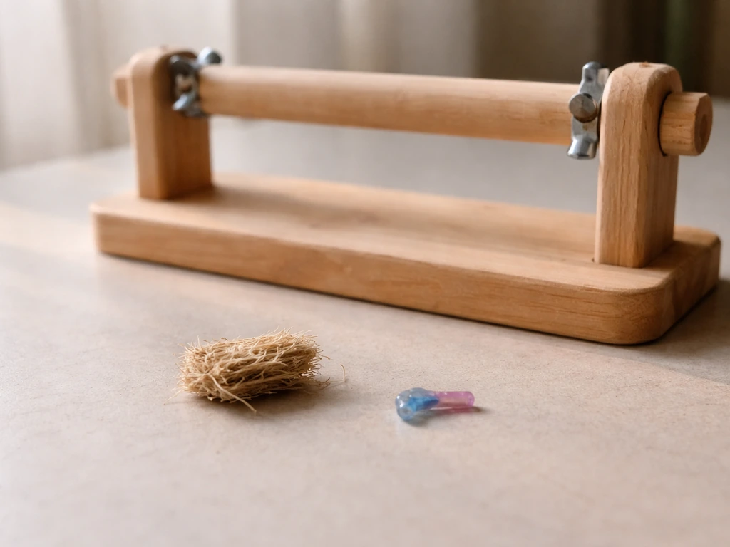 Close-up of a small fibrous seed and a tiny plastic-like toy fragment on a perch, showing foreign material risk.