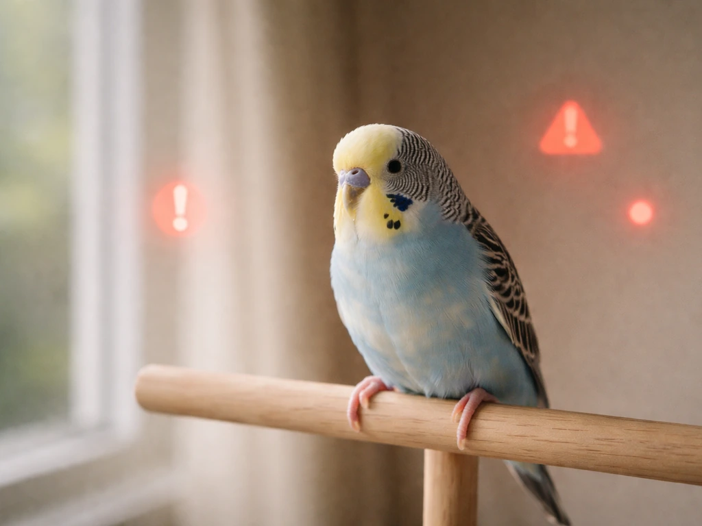 Close-up of a small bird with a vet-caution atmosphere and urgency icons on a plain background
