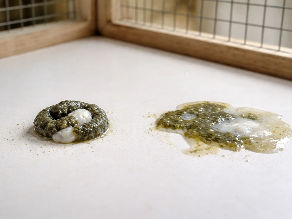 Side-by-side close-up of formed droppings vs unformed bird diarrhea with lost shape
