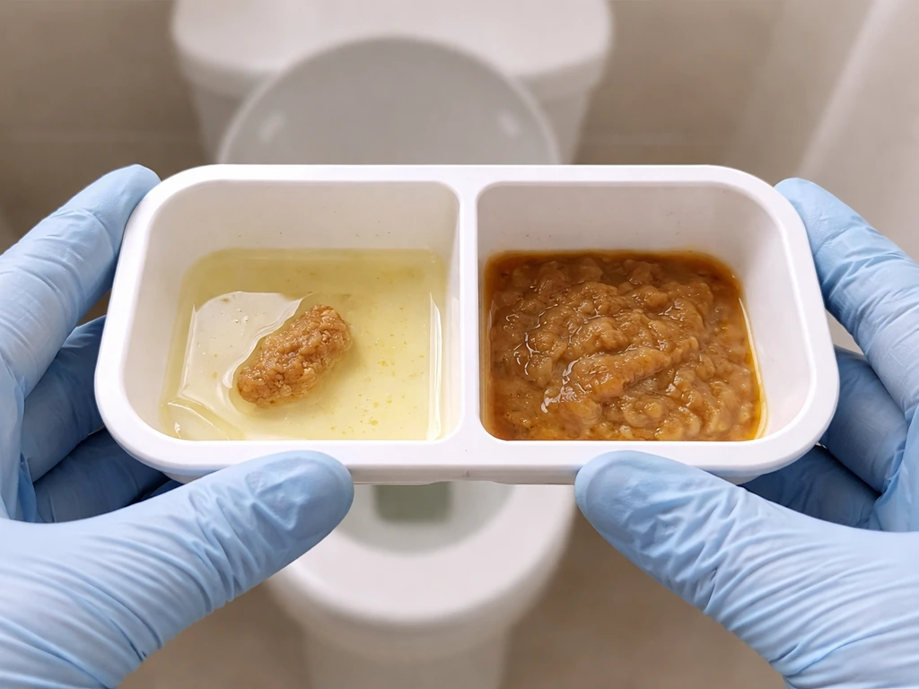 Gloved hands holding a white pan with two stool-like samples showing clear liquid with a formed part vs looser stool.