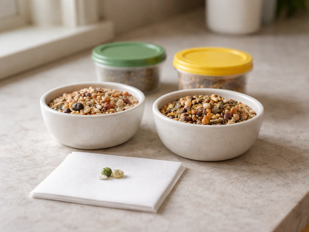 Close-up of bird food in bowls with a separate container showing a recent food change and a small droppings sample.