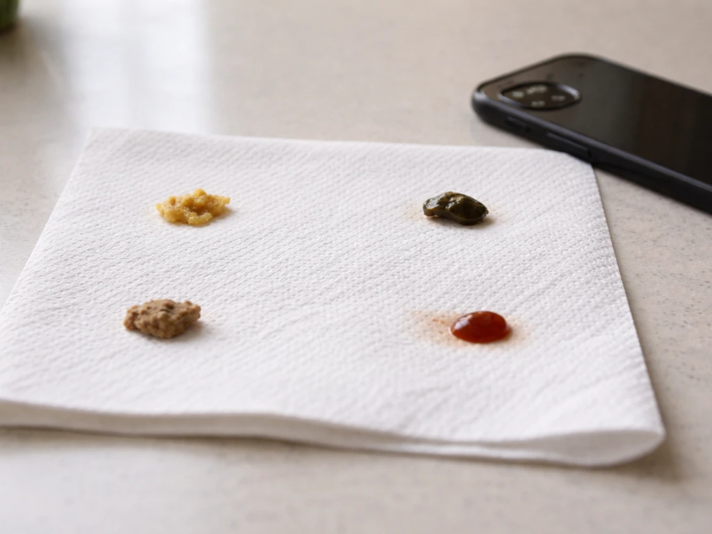 Clean white paper towel with small droppings sample spots and a smartphone nearby for documentation.