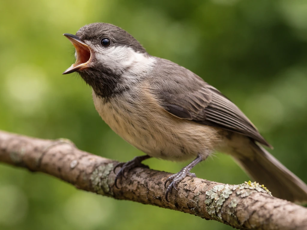 Small bird perched with open mouth gaping and neck stretched, showing respiratory distress.