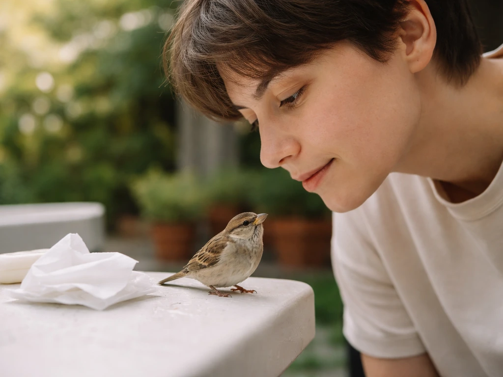 Close-up of a person with a bird nearby, plus visible hand hygiene cues for health safety