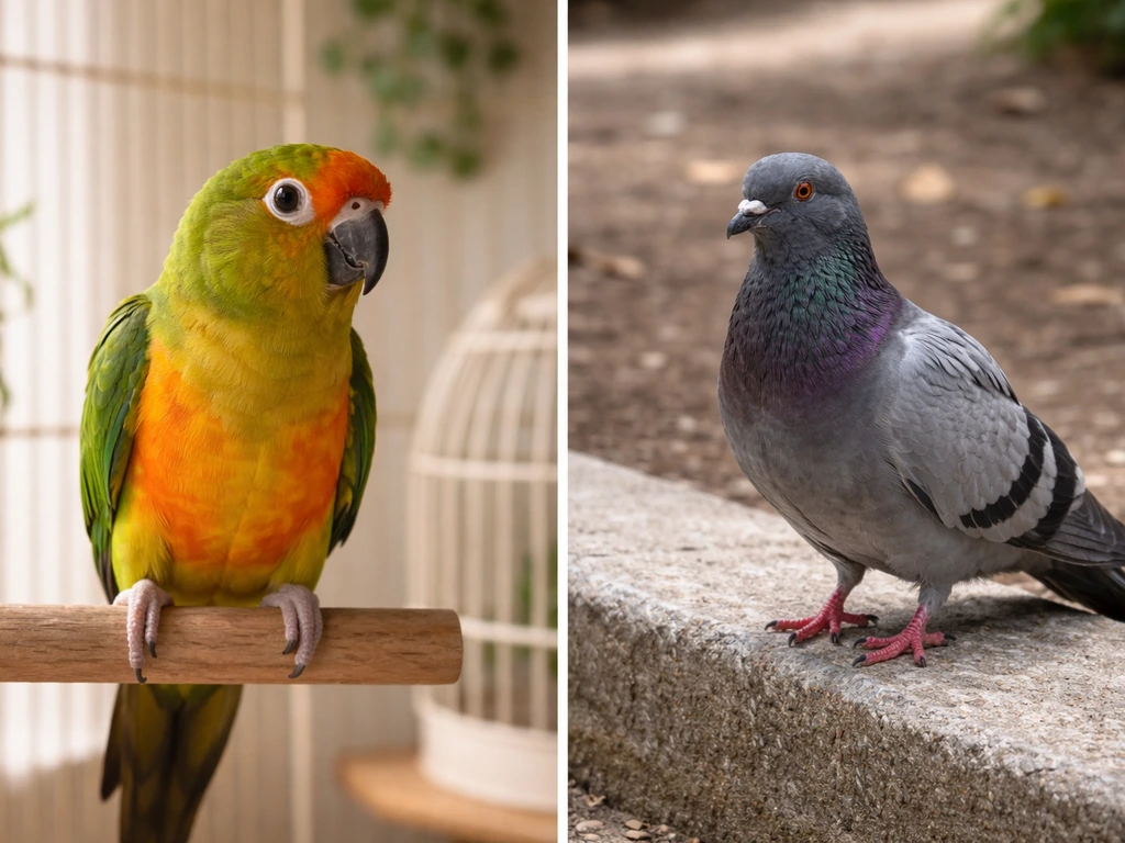Carefully kept pet parrot perched indoors beside a wild pigeon on a simple outdoor ledge