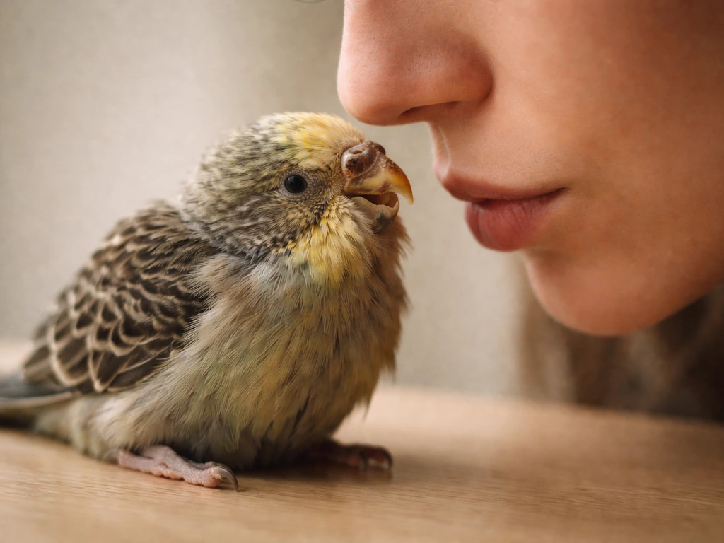 Close-up of a person leaning toward an ill-looking bird with fluffed feathers and crusty nostrils