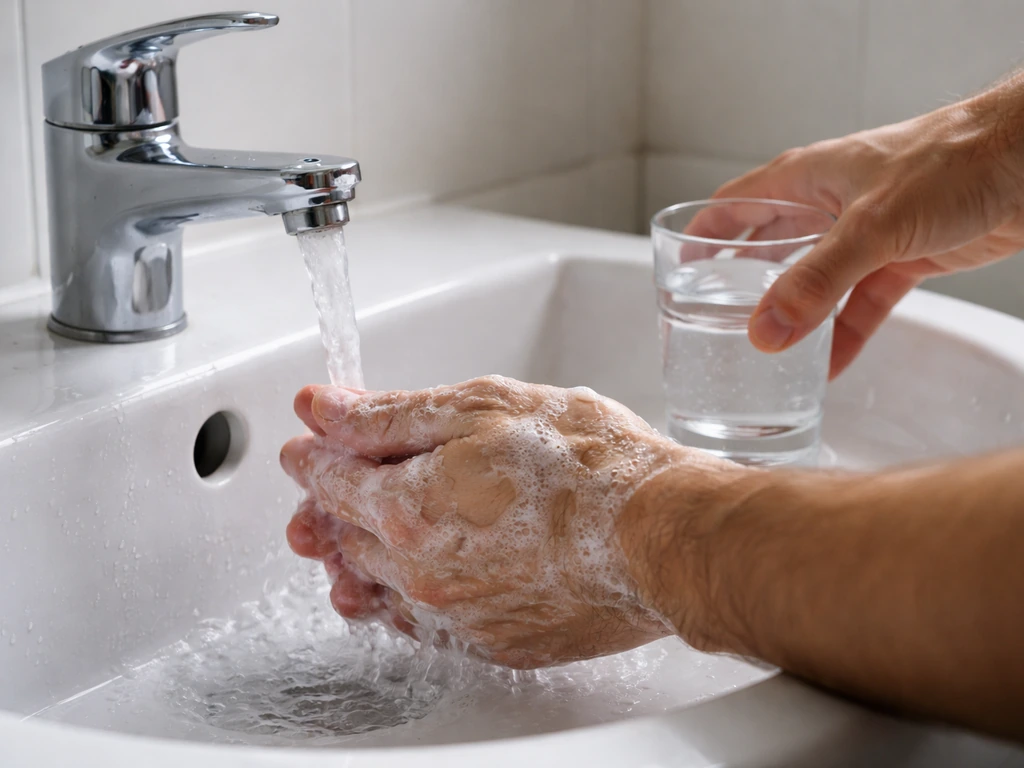 Hands washing with soap under a faucet, with a nearby glass of water for rinsing lips.