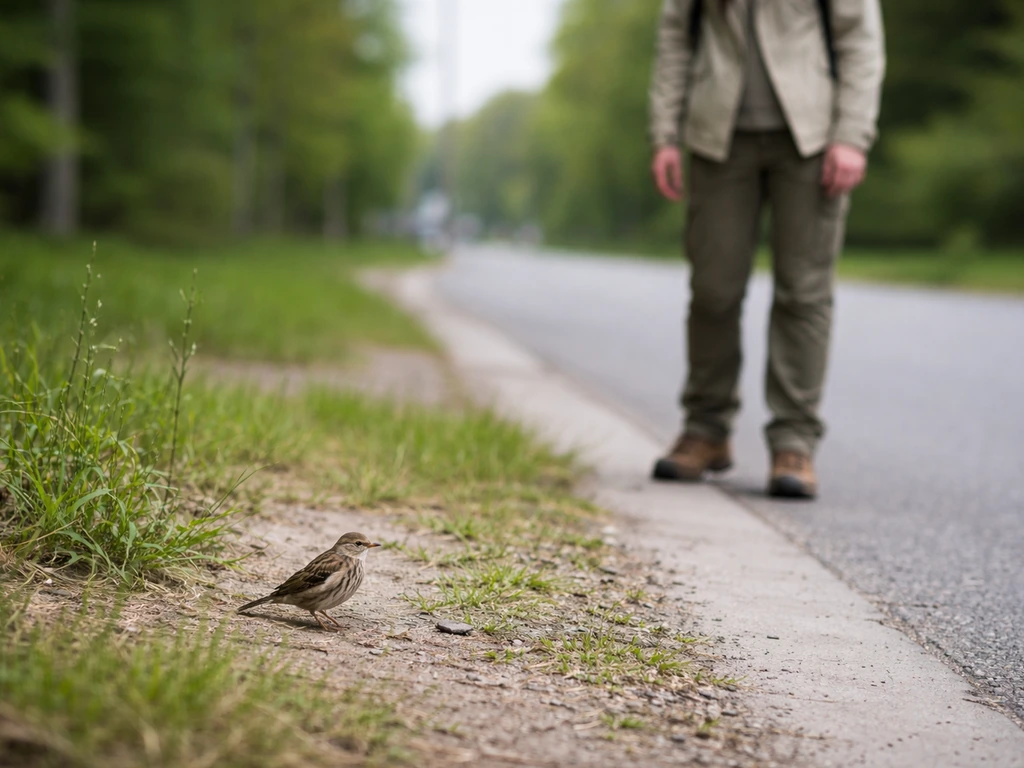 Observer stands at a distance near a small wild bird on the roadside shoulder without touching.