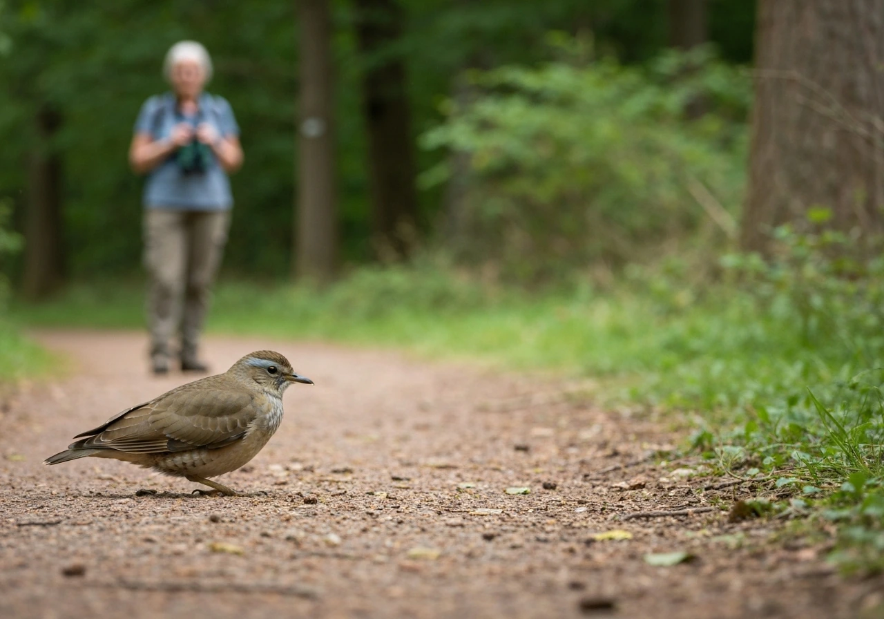 Person in background using binoculars while a wild bird shows abnormal posture on a quiet path