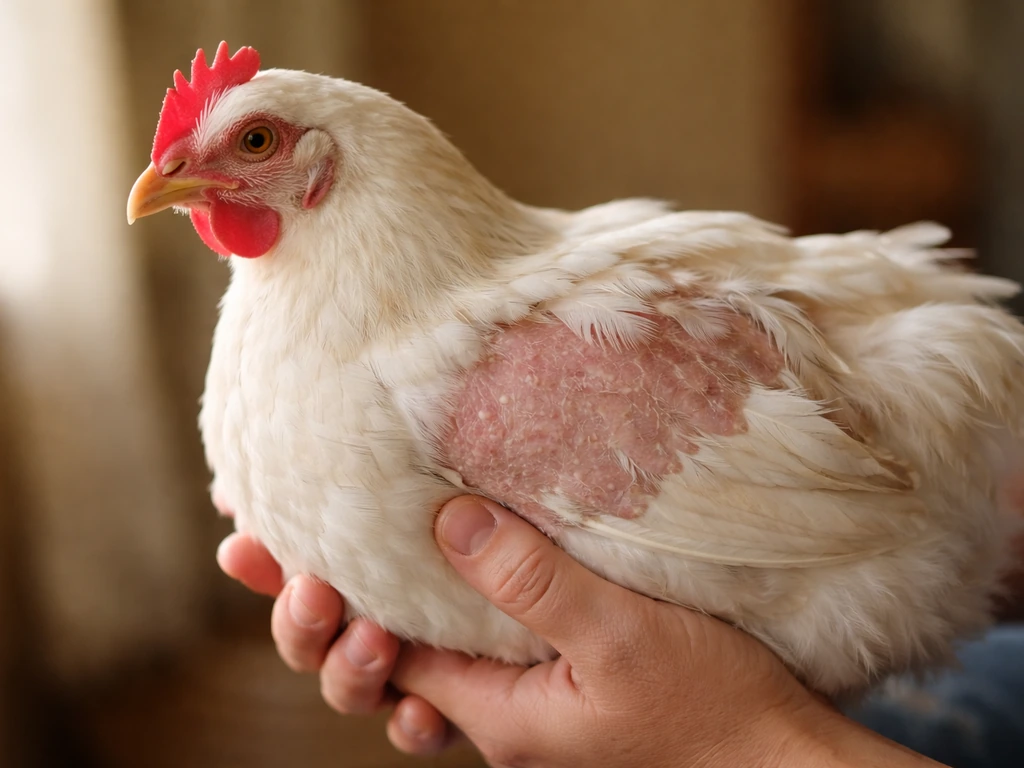 Close-up of a warm-weather poultry bird showing patchy feather loss and slightly fluffed feathers.