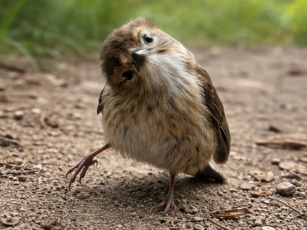 Close view of a small wild bird tilting its head and wobbling as if losing balance