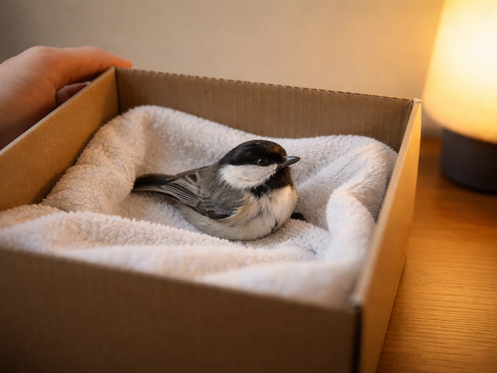 Small bird resting in a towel-lined box beside a gentle heat source for quick breathing triage.