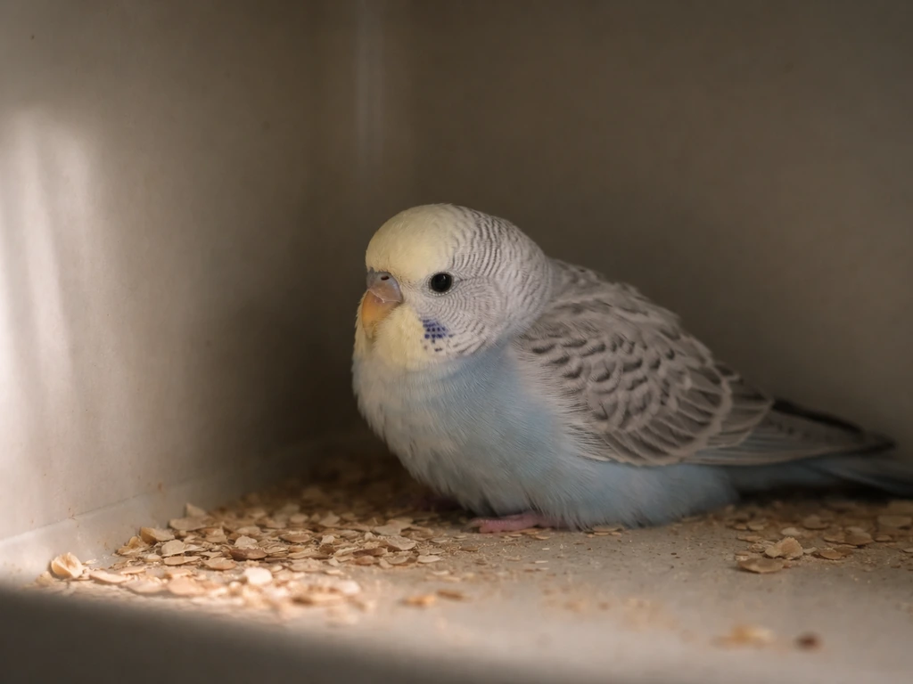 Small bird perched low with feathers puffed in a dim calm container, appearing quiet and less active.