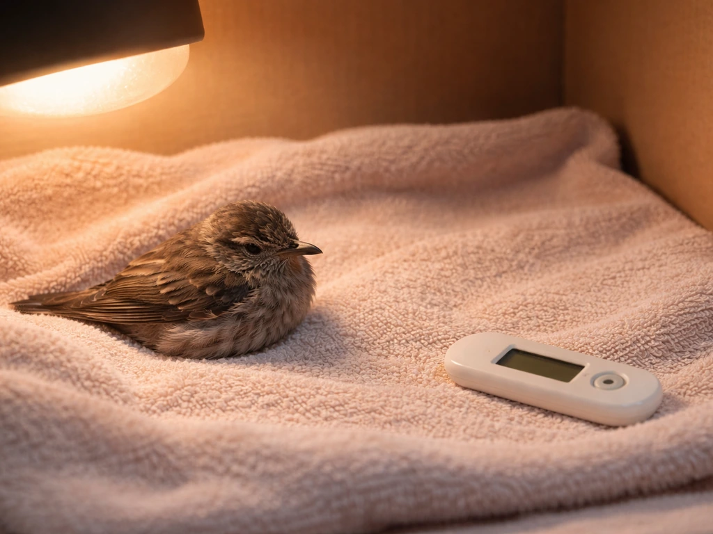 Injured bird resting on a warm towel under gentle heat, with a thermometer nearby for safe temperature care.