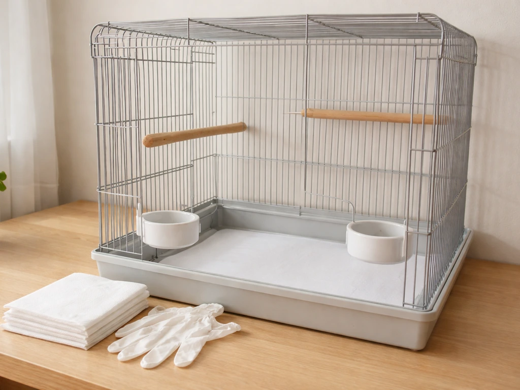 Clean bird cage with disinfected surfaces, fresh food and water dishes, and droppings removed.