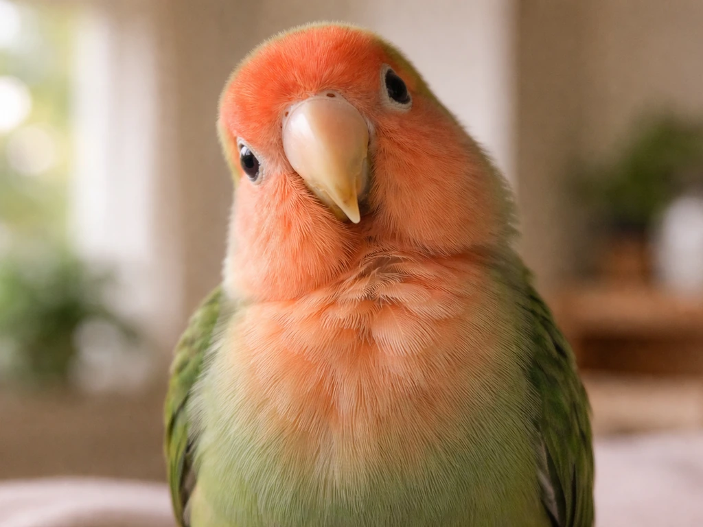 Close-up of a lovebird with an upright then slightly tilted neck posture, hinting at neck problems.