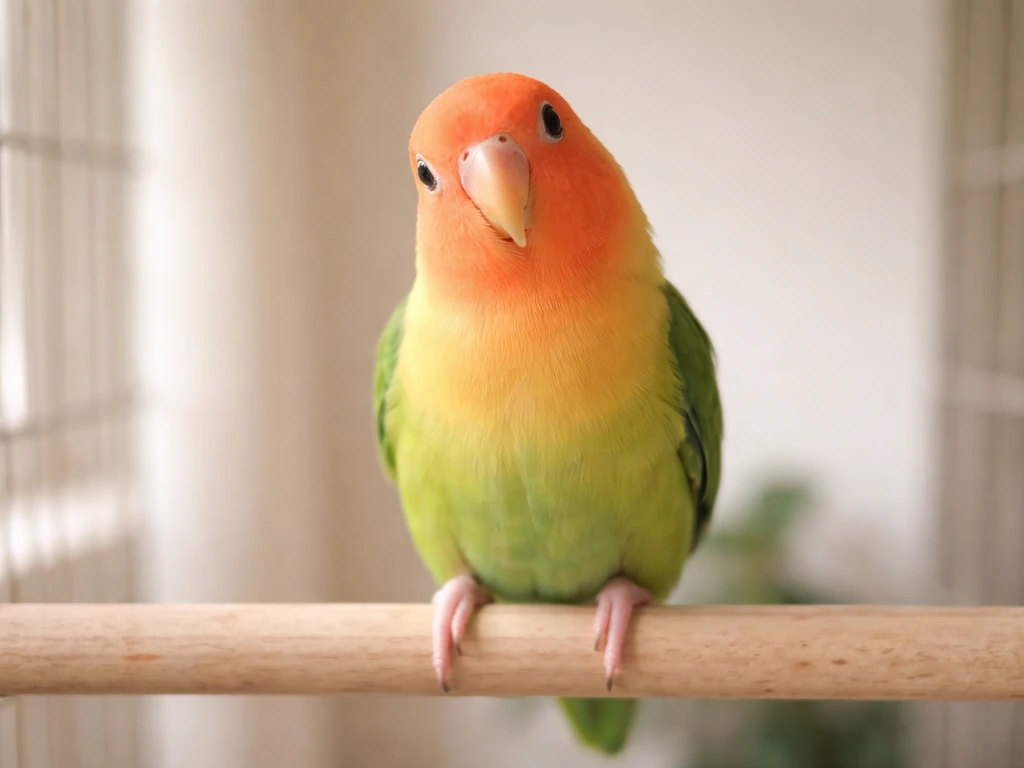 Small lovebird perched indoors, alert posture and slight head angle, caregiver observing without touching.