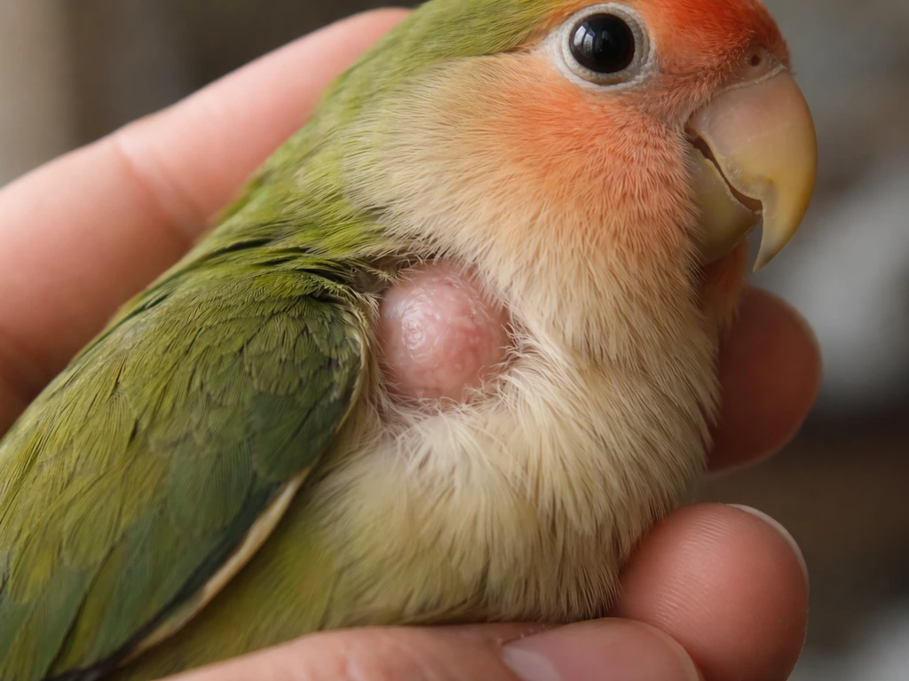 Close-up of a small pet bird’s neck showing localized swelling and puffed feathers
