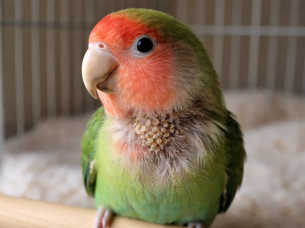 Close-up of a lovebird’s head and neck with visible crusty, honeycomb-like irritated scales near the feathers