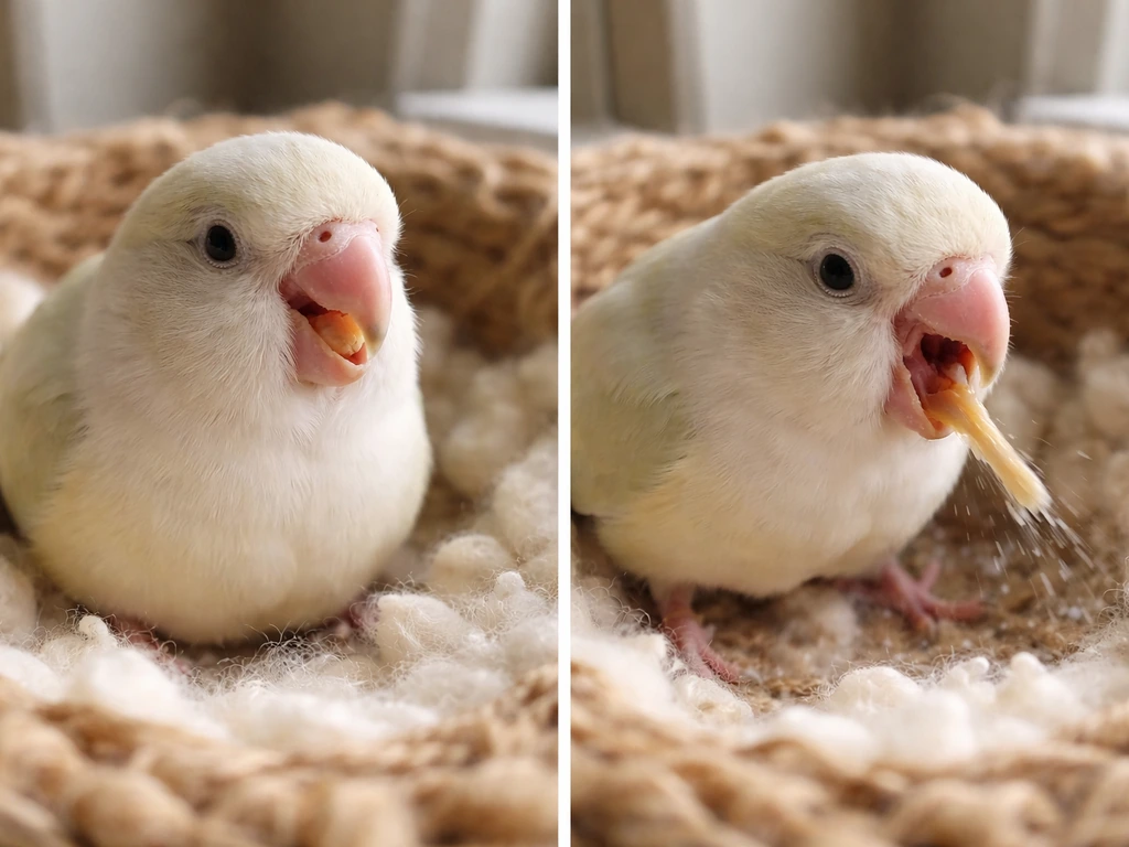 Close-up split-scene of a small bird in a calm nest vs a moment of forceful vomiting-like expulsion.