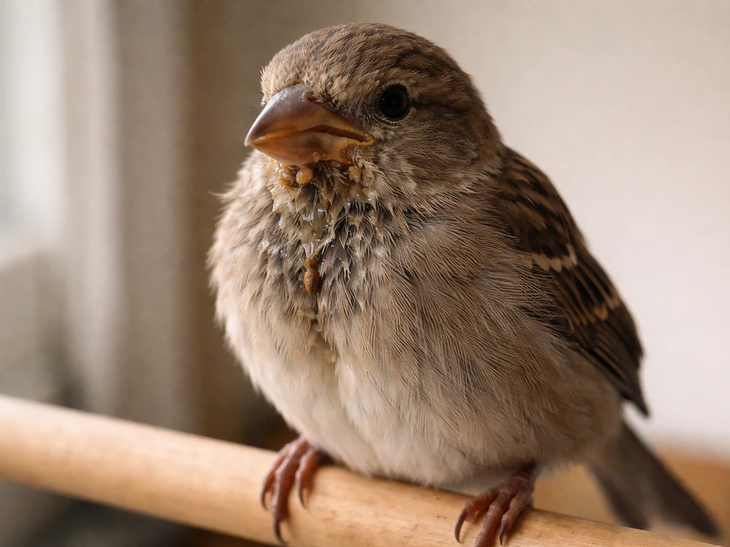 Close-up of a small bird with visible regurgitation and wet feathers around the beak in a quiet indoor setting.