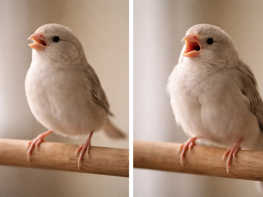 Two small birds side-by-side showing different beak and posture cues for swallowing trouble vs respiratory distress.
