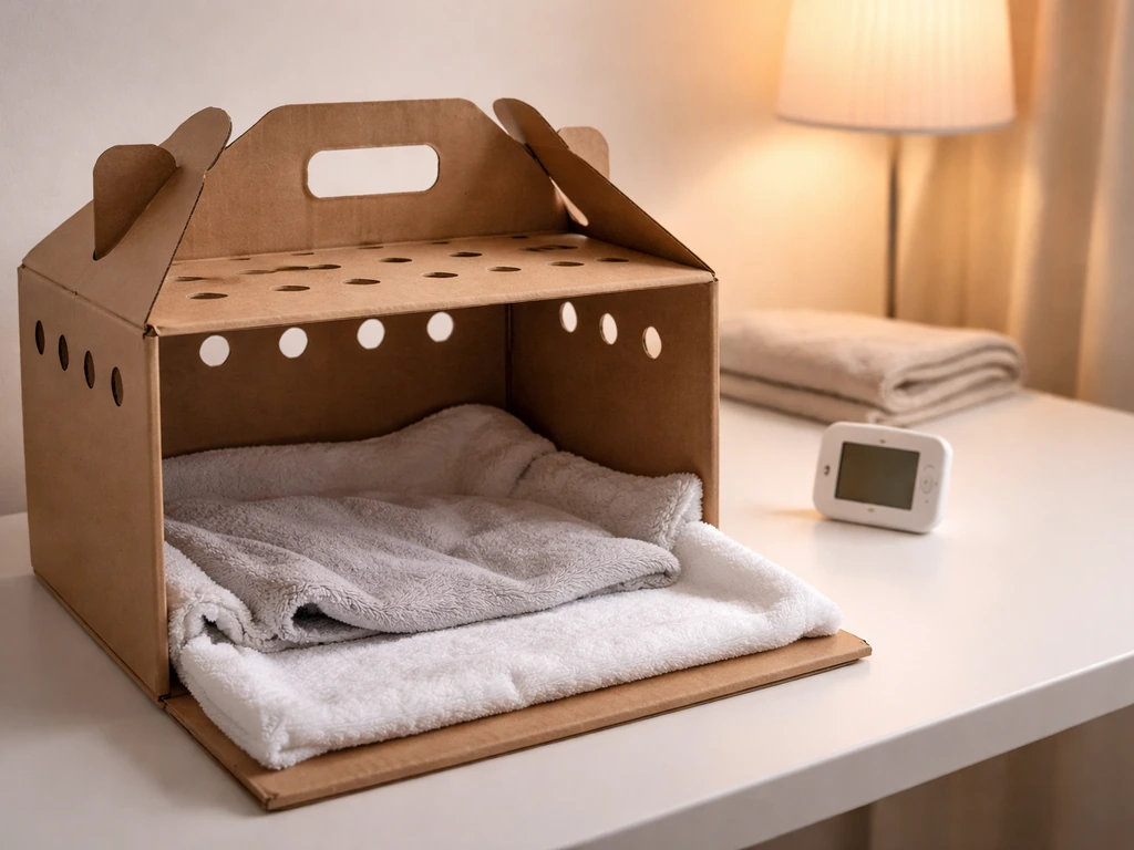Warm, quiet avian recovery enclosure on a tabletop with a heat source and soft bedding