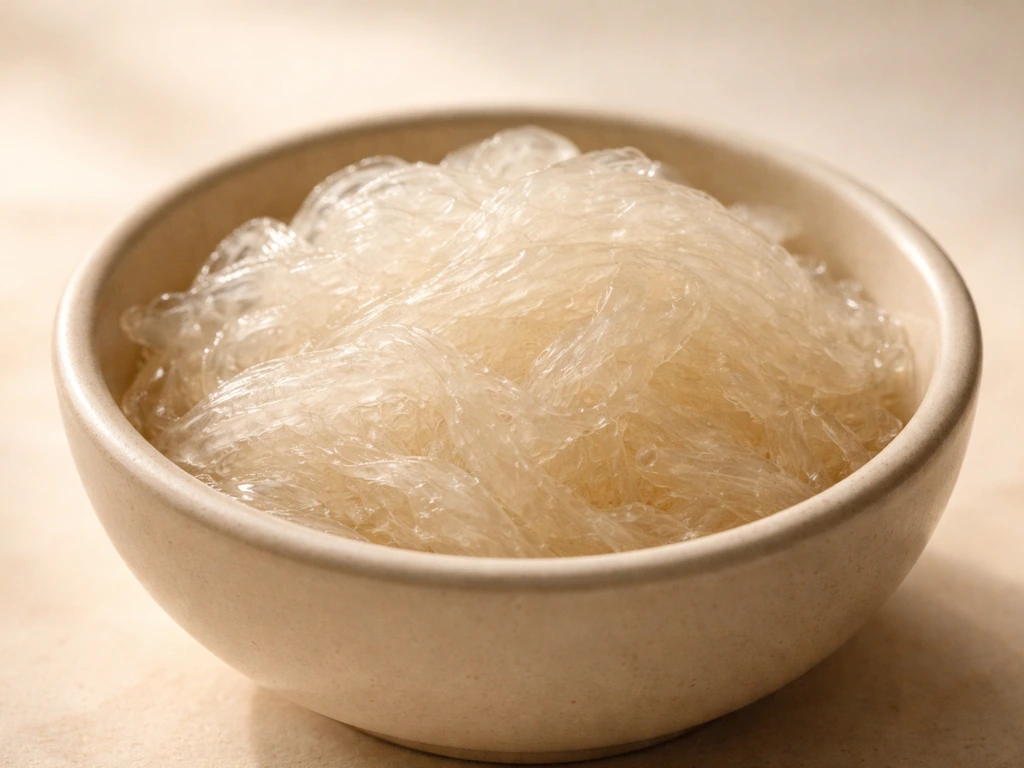 Close-up of edible bird’s nest in a small ceramic bowl with soft natural lighting.