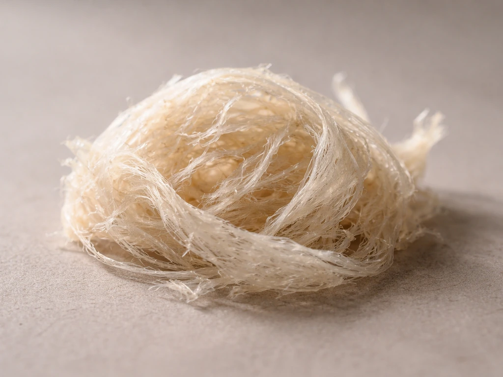 Macro close-up of edible bird’s nest fibers showing translucent beige strands on a plain surface.