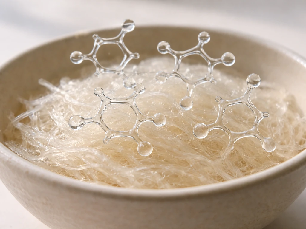 A bowl of bird’s nest with subtle floating molecular motifs suggesting sialic-acid-like compounds.