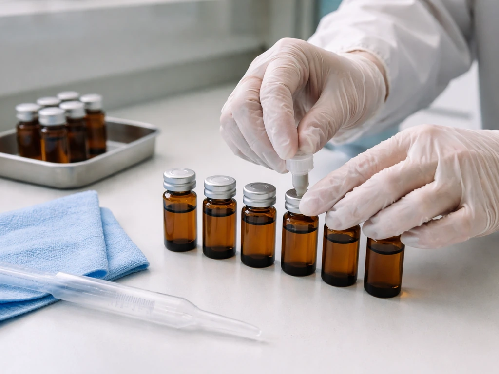 Lab technician in nitrile gloves prepares small vials for heavy-metal contamination testing on a bench