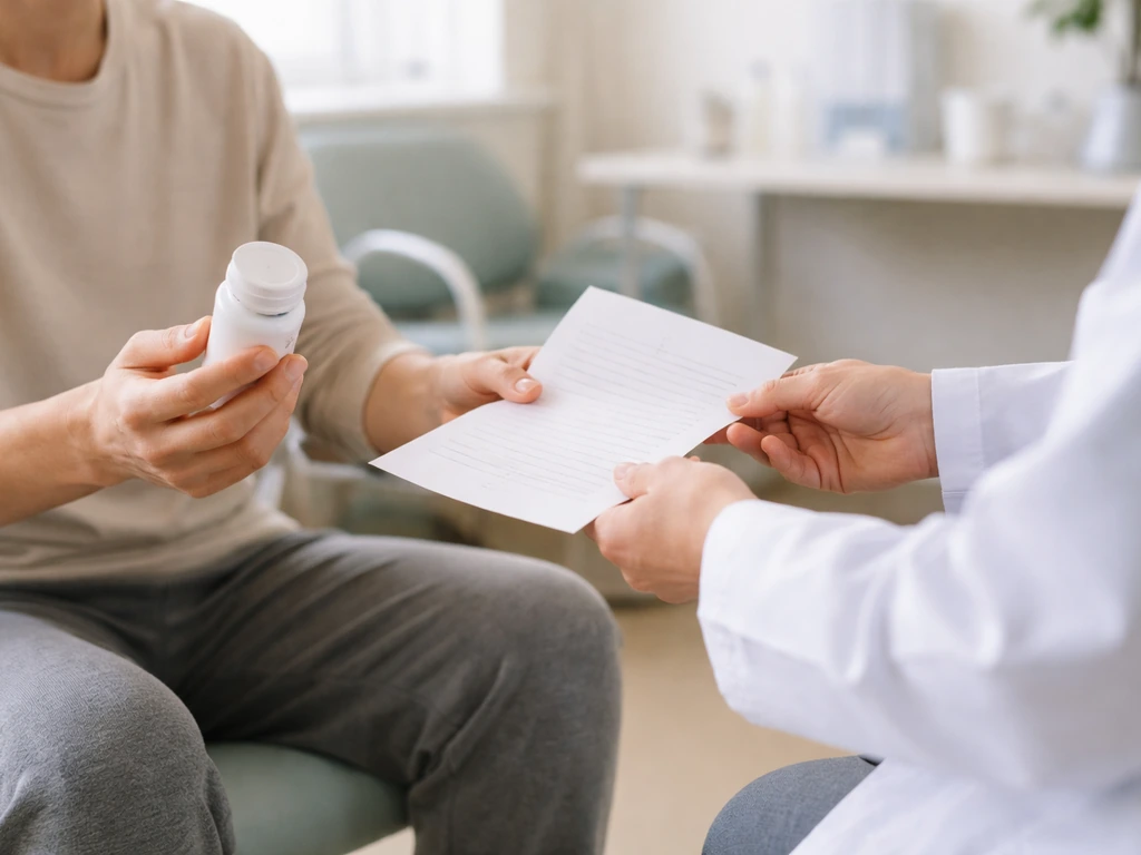 Patient in a quiet clinic hands a small supplement bottle and list to a healthcare professional.