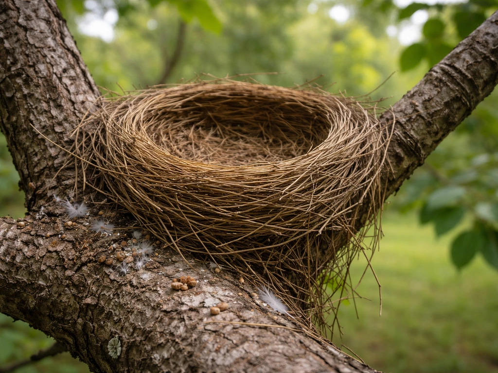 Close-up of a bird nest on a tree branch with subtle droppings and feather debris nearby.