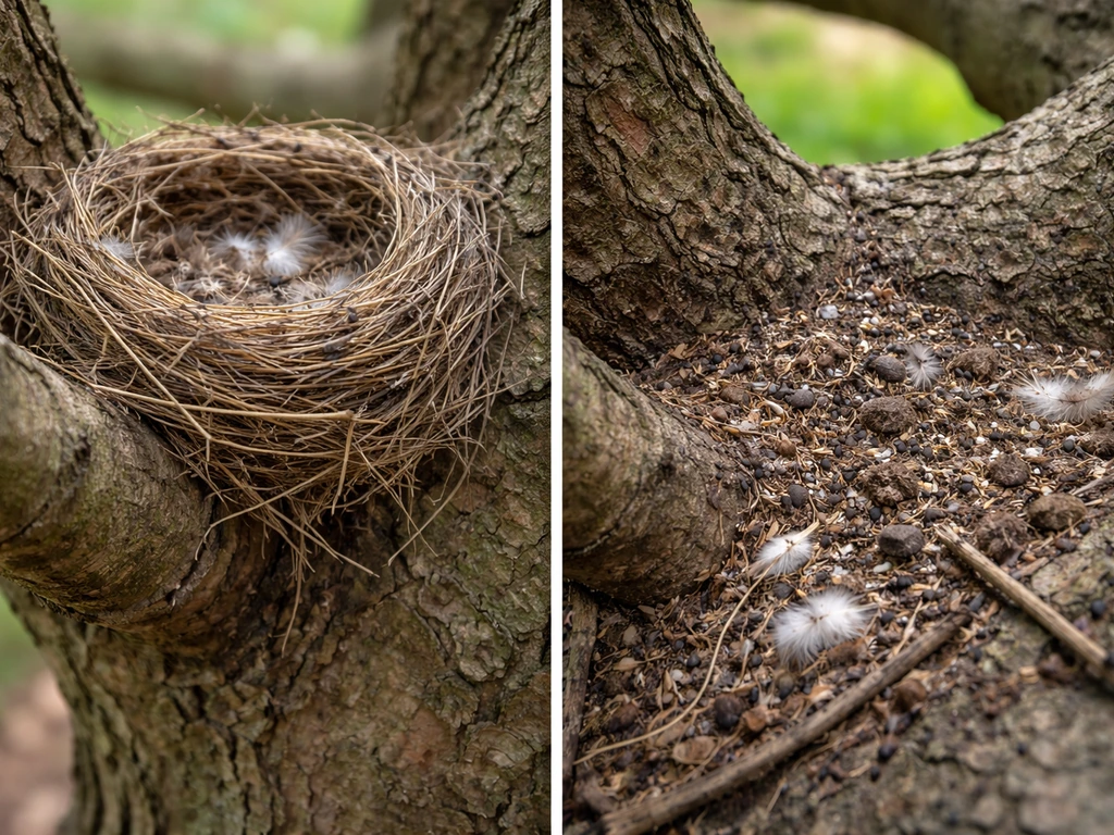 Close-up of a bird nest on a tree branch with debris and droppings below it, showing accumulation risk.