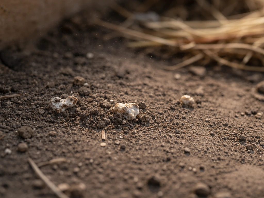 Close-up of dusty soil with small bird-dropping specks and airborne dust motes rising outdoors.