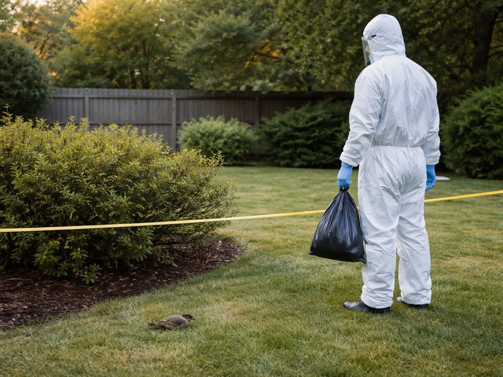 A gloved person stands behind a rope barrier at safe distance from a dead wild bird in a quiet yard.