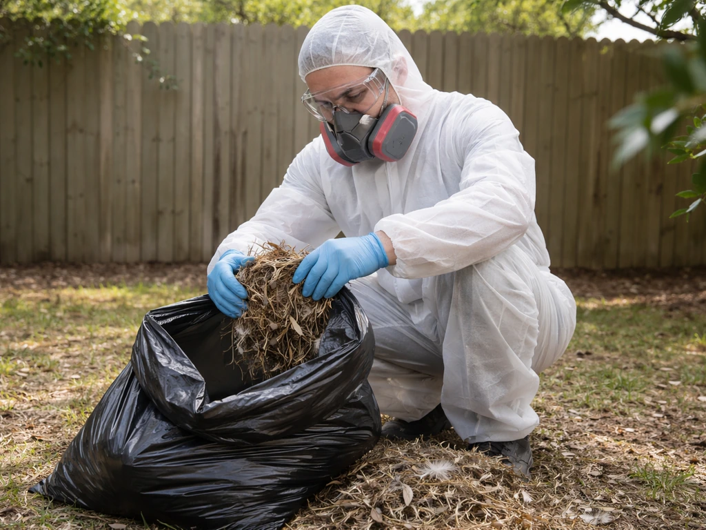 Worker wearing respirator and gloves bags abandoned bird nesting material for safe disposal.