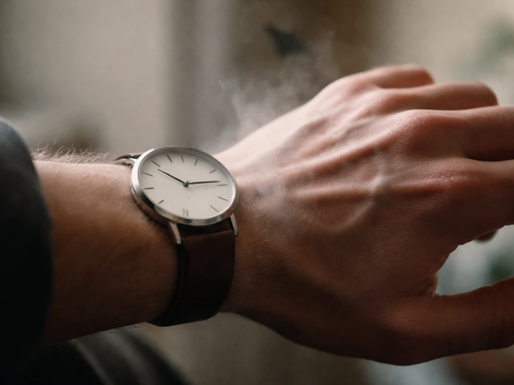 Close-up of a tense wrist with a watch, breath fog from short breathing, and a blurred bird shape nearby.